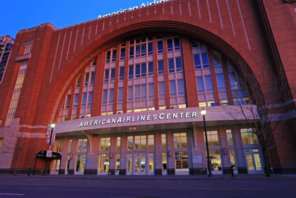 Image shows the front of American Airlines Center.