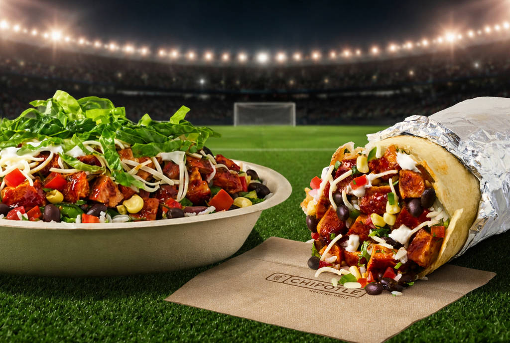 Image shows a Chipotle burrito with a background digital World Cup stadium atmosphere.