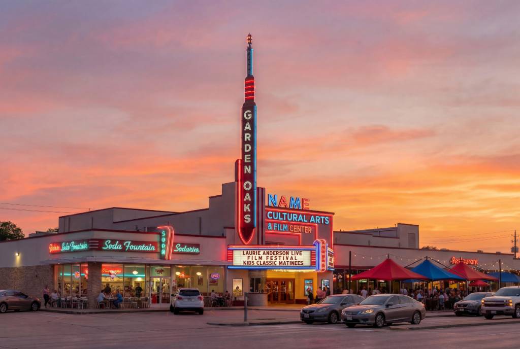 Image shows the exterior of the Garden Oaks Theater in Houston. 
