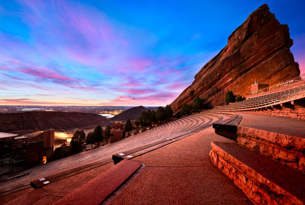 Image shows the Red Rocks Amphitheatre in Colorado. 