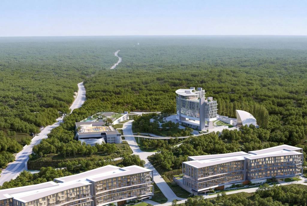 Rendering shows the UMusic Hotel & Private Residences Austin development in the Texas Hill County.