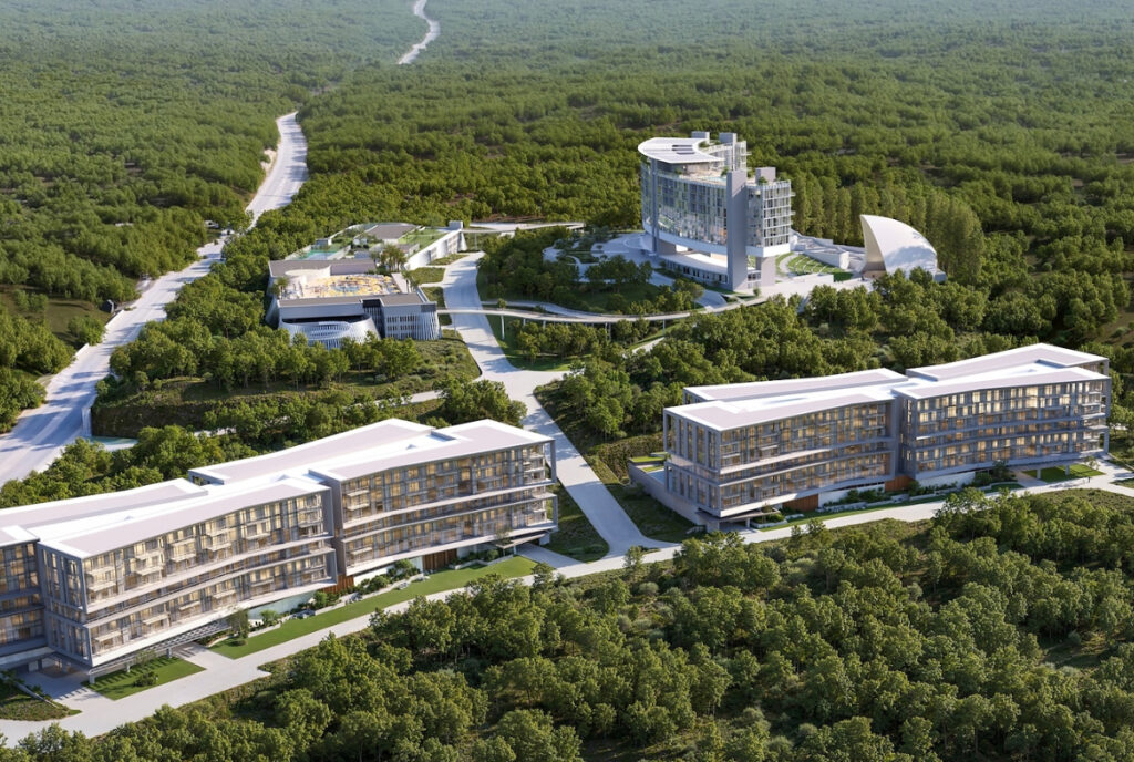 Rendering shows the UMusic Hotel & Private Residences Austin development in the Texas Hill County.