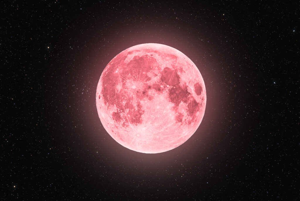 A full pink moon shines in a dark sky.