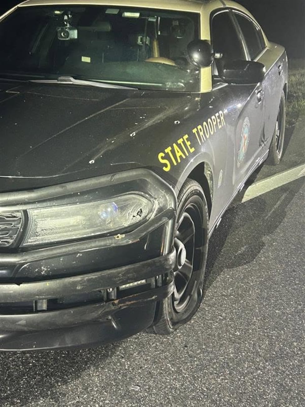 FHP released this photo showing a damaged cruiser following an alleged shootout on June 24, 2026.