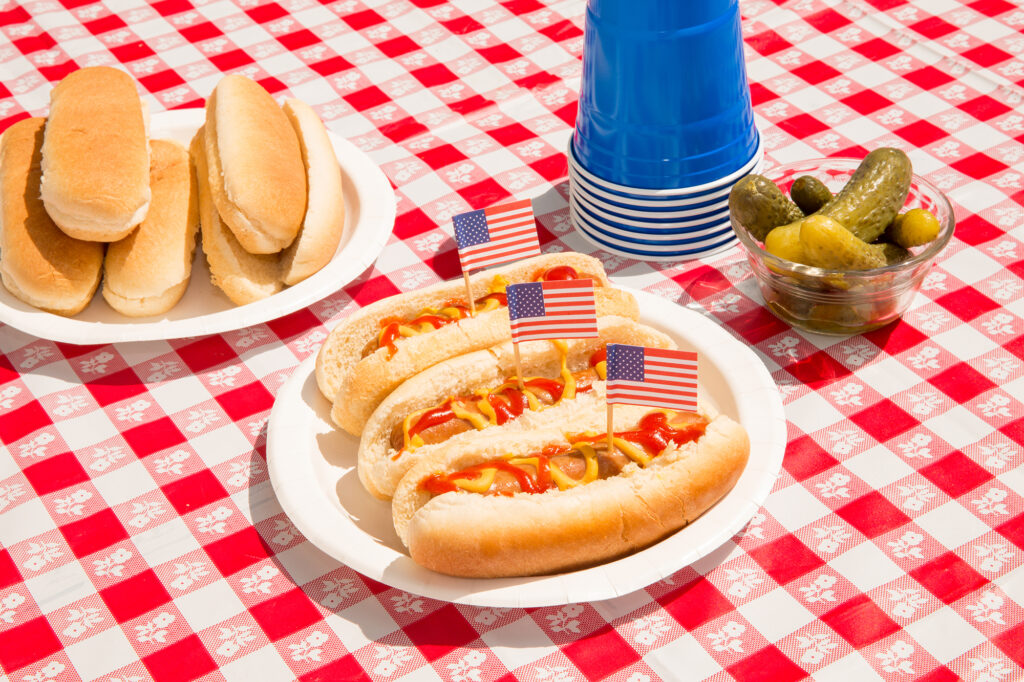 America and hot dogs. Fourth of July concept for carefree summer BBQ, unhealthy eating of junk food, Independence Day or Memorial Day backyard BBQ. Picnic food, no people. July 4th foods featured are hot dogs with ketchup and mustard and pickles. There are patriotic American flag toothpicks as decoration in the festive food. Paper plates and disposable plastic cups are also on the checkered tablecloth. Shot during sunny day outdoors on vacation. Part of a series.