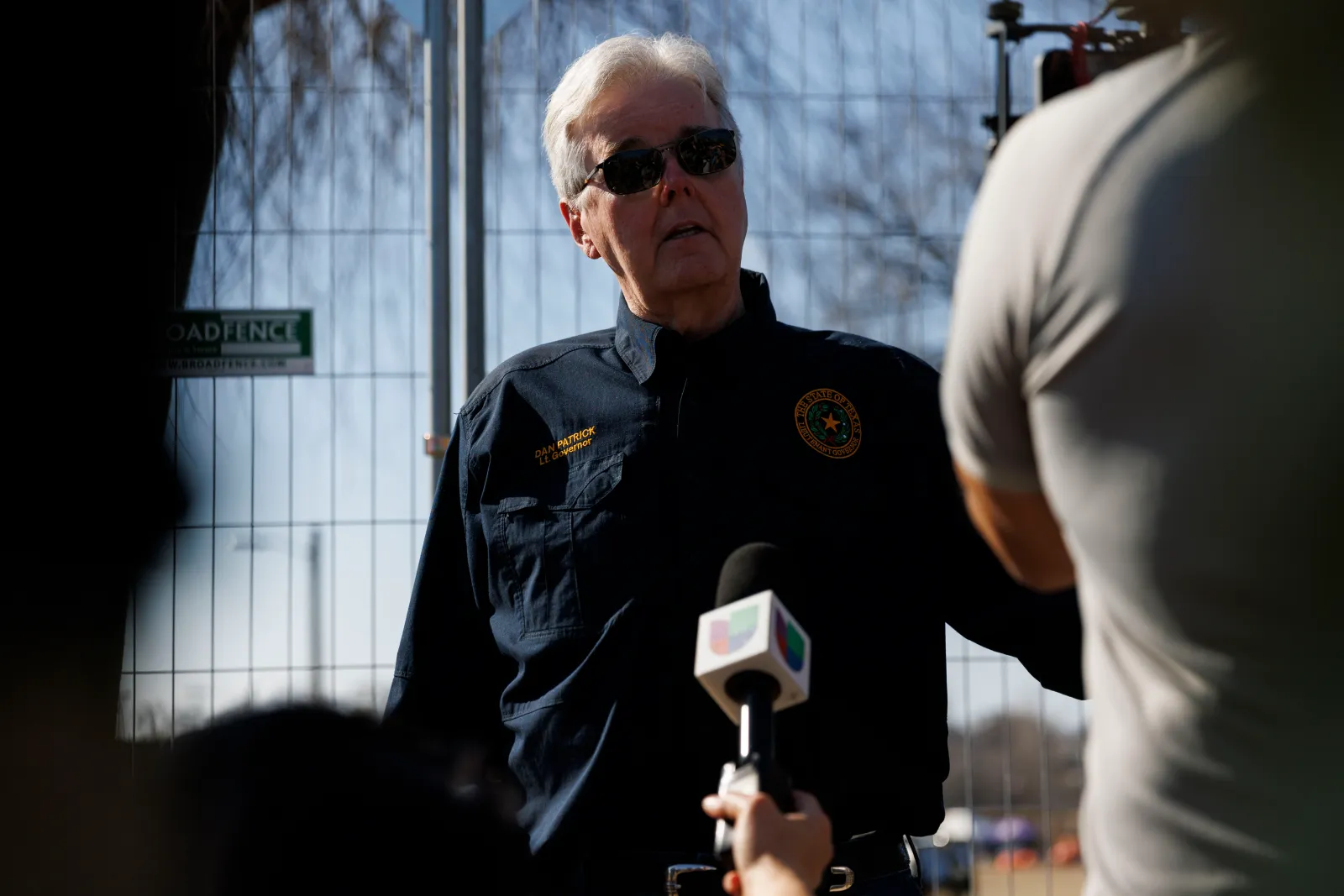 Lieutenant Governor Dan Patrick addresses the media outside Shelby Park following a border visit with South Dakota Governor Kristi Noem on January 26, 2024, in Eagle Pass, Texas.