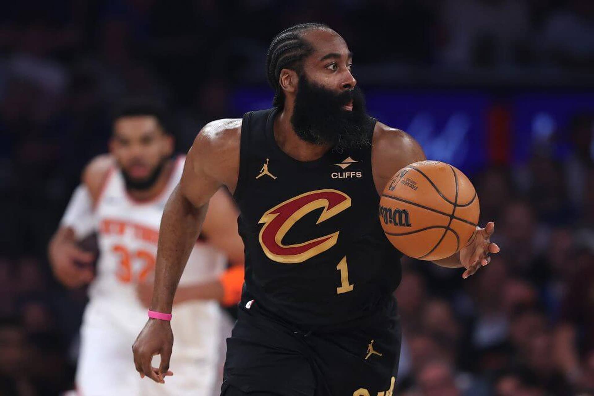 James Harden of the Cleveland Cavaliers drives against the New York Knicks.