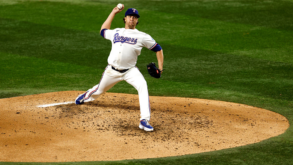 ARLINGTON, TEXAS - MAY 27: Jacob Degrom #48 of the Texas Rangers pitches against the Houston Astros during the fifth inning at Globe Life Field on May 27, 2026 in Arlington, Texas. (Photo by Ron Jenkins/Getty Images)