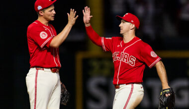 ARLINGTON, TEXAS - JUNE 05: Corey Seager #5 and Wyatt Langford #36 of the Texas Rangers celebrate after a game against the Cleveland Guardians at Globe Life Field on June 05, 2026 in Arlington, Texas. (Photo by John E. Moore III/Getty Images)