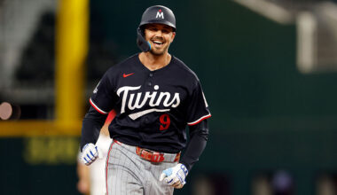 ARLINGTON, TEXAS - JUNE 16: Trevor Larnach #9 of the Minnesota Twins reacts after hitting a solo home run against the Texas Rangers during the first inning at Globe Life Field on June 16, 2026 in Arlington, Texas. (Photo by Ron Jenkins/Getty Images)