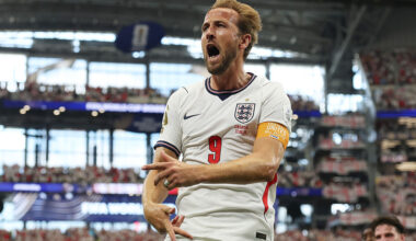 ARLINGTON, TEXAS - JUNE 17: Harry Kane #9 of England celebrates scoring his team's second goal during the FIFA World Cup 2026 Group L match between England and Croatia at Dallas Stadium on June 17, 2026 in Arlington, Texas. (Photo by Richard Pelham/Getty Images)