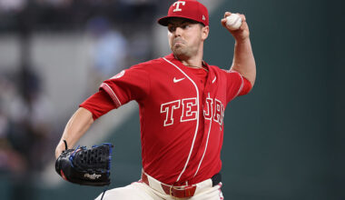 ARLINGTON, TEXAS - JUNE 20: MacKenzie Gore #1 of the Texas Rangers pitches during the first inning against the San Diego Padres at Globe Life Field on June 20, 2026 in Arlington, Texas.