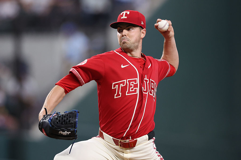 ARLINGTON, TEXAS - JUNE 20: MacKenzie Gore #1 of the Texas Rangers pitches during the first inning against the San Diego Padres at Globe Life Field on June 20, 2026 in Arlington, Texas.