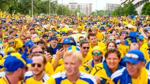 HOUSTON, TEXAS - JUNE 20: Sweden supporters gather for a fan march at Helix Park ahead of the Swedish national team's FIFA World Cup match against the Netherlands in Houston, Saturday, June 20, 2026. (Raquel Natalicchio/Houston Chronicle via Getty Images)