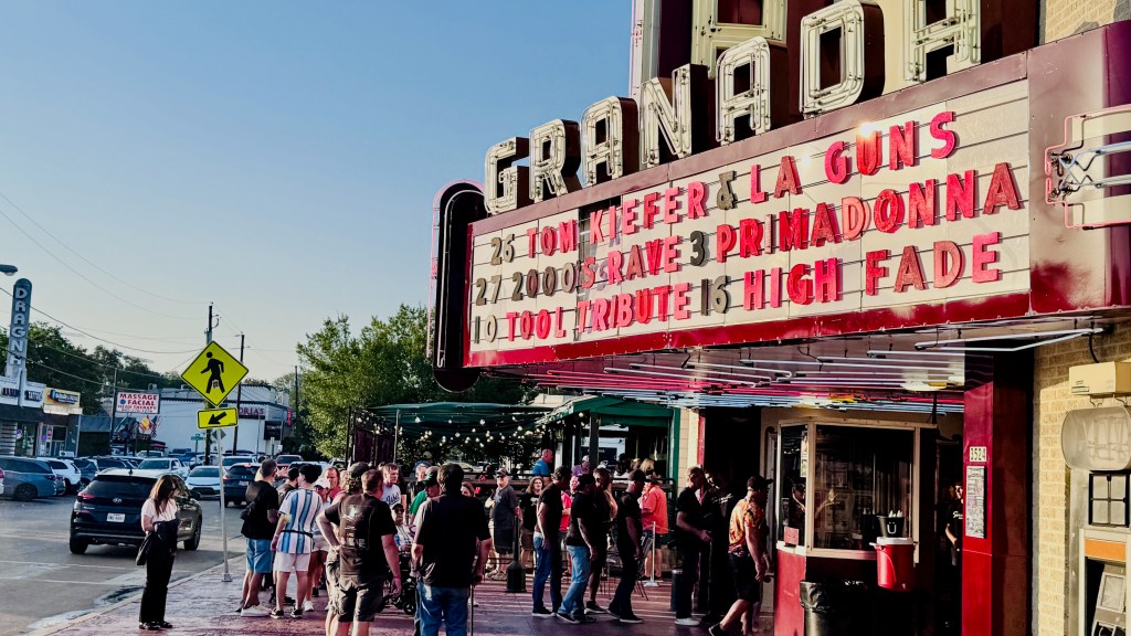 the front Granada Theater; Tom Keifr and LA Guns on marquee