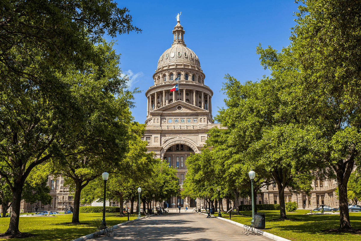 A sunny view of the Texas State Capitol building
