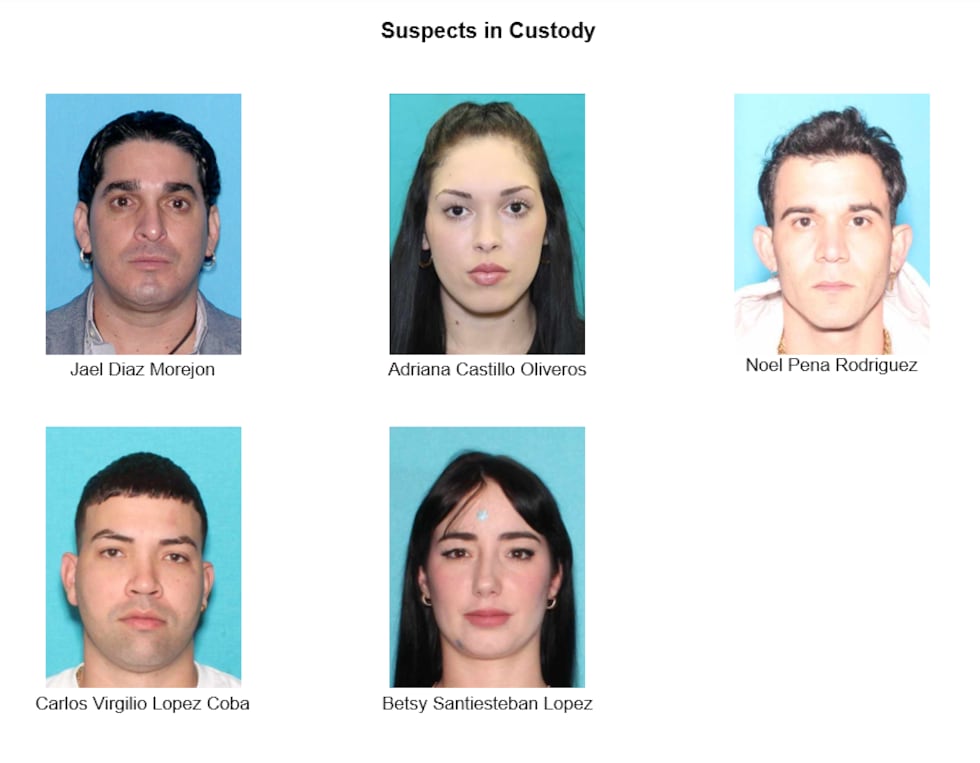 The operation led to the arrest of five suspects: Jael Diaz Morejon, Adriana Castillo...