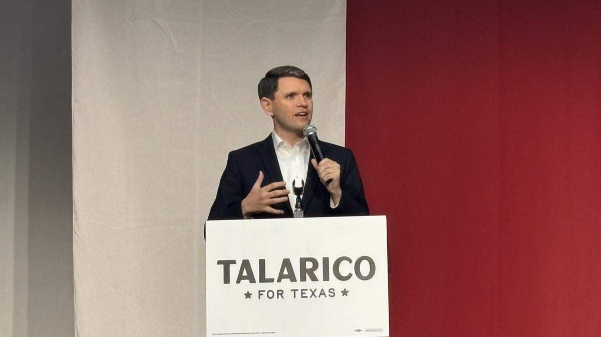 U.S. Senate candidate James Talarico speaks to over 4,000 rally attendees in front of a massive Texas flag on June 1, 2026 in the Plano Event Center U.S. Senate candidate James Talarico speaks to over 4,000 rally attendees in front of a massive Texas flag on June 1, 2026 in the Plano Event Center