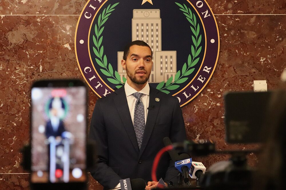 City controller Chris Hollins speaks to reporters about a budget proposal on May 5, 2026.