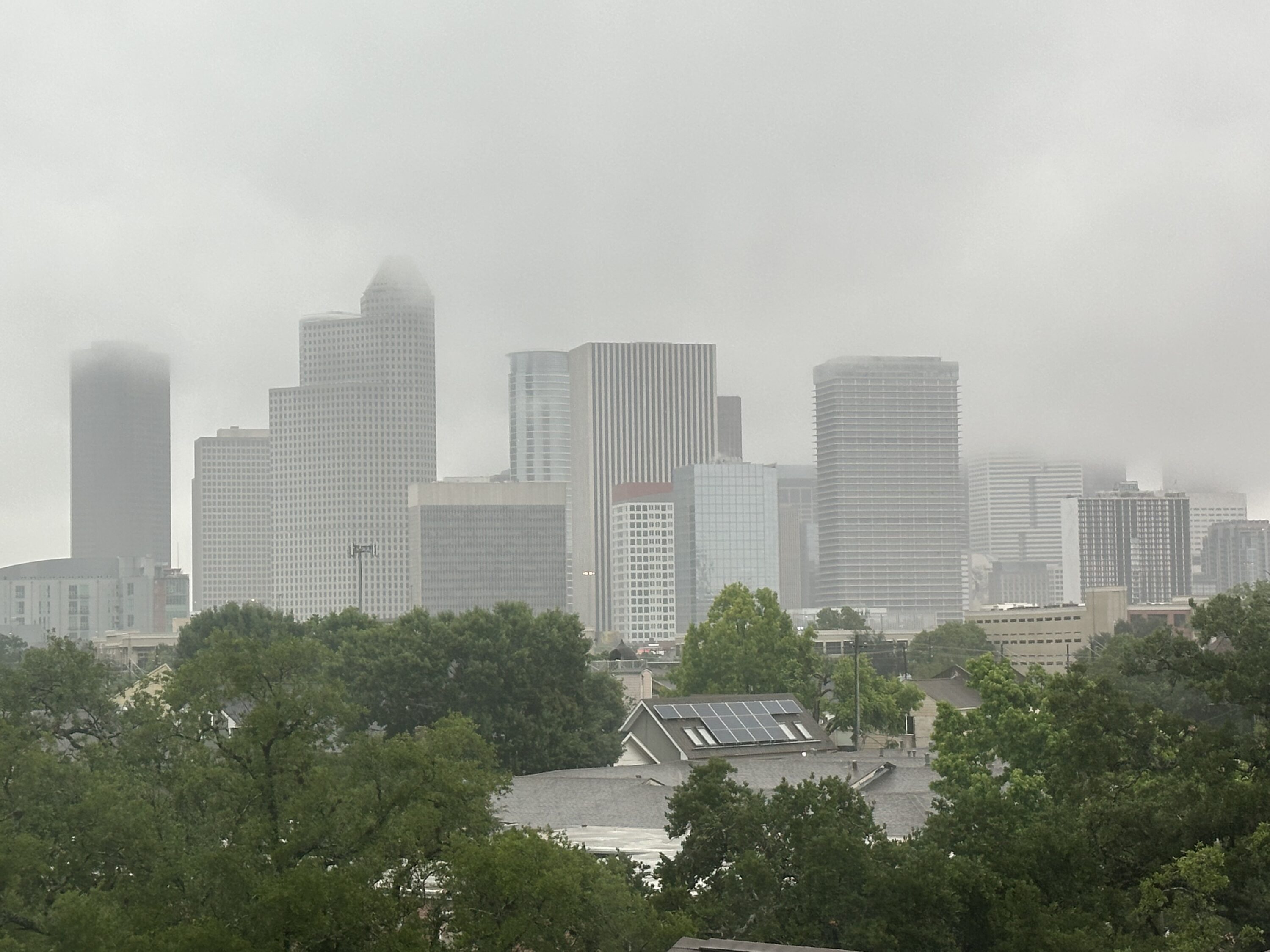 Rain falls across Houston on May 1, 2026.