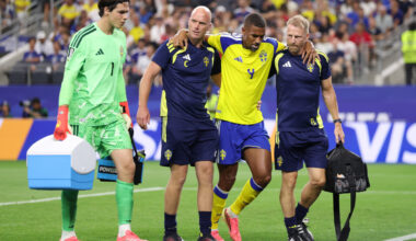 ARLINGTON, TEXAS - JUNE 25: Isak Hien #4 of Sweden is helped by the medical staffs to leave the pitch after sustaining an injury during the FIFA World Cup 2026 Group F match between Japan and Sweden at Dallas Stadium on June 25, 2026 in Arlington, Texas. (Photo by Molly Darlington/Getty Images)
