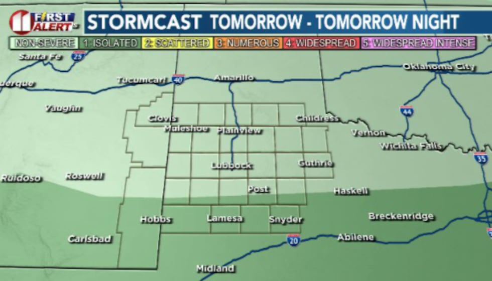 A Marginal (1/5) Risk for severe storms shifts to the south of Lubbock in the southern South...