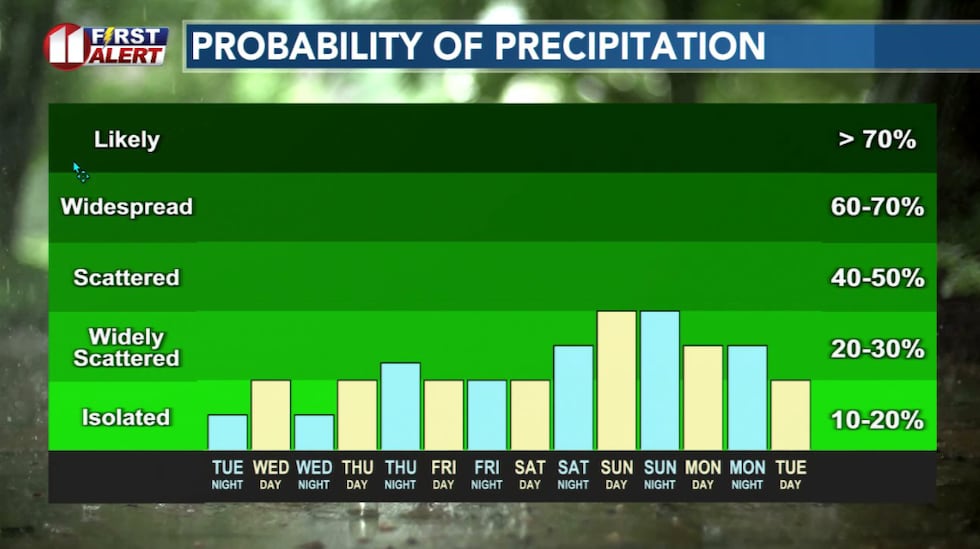 Storms are likely in the area late each day, but coverage will be limited each day.