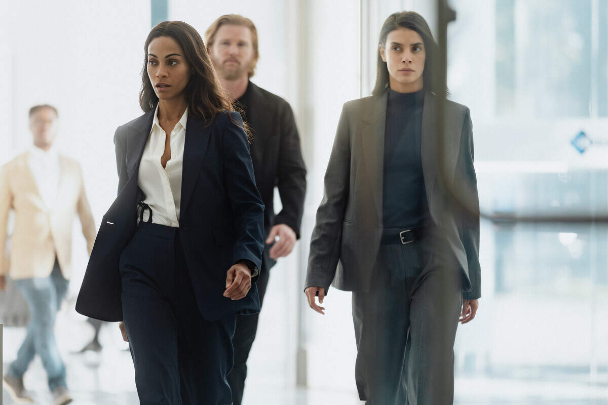 L-R: Zoe Saldaña as Joe, Thad Luckinbill as Kyle, Laysla De Oliveira as Cruz in “Lioness,” episode 3, season 3, streaming on Paramount+, 2026.