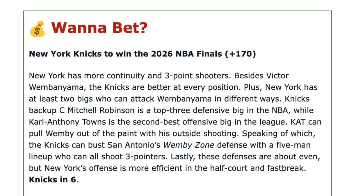 Geoff Clark's handicap for the New York Knicks upsetting the San Antonio Spurs in the 2026 NBA Finals.