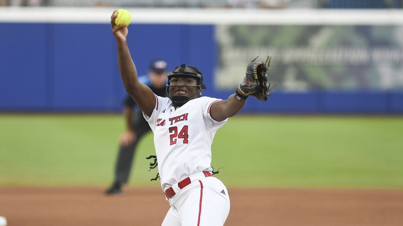 Texas Tech pitcher NiJaree Canady throws during the second game of the NCAA softball Women's College World Series finals against Texas in Oklahoma City, Thursday, June 5, 2025. (AP Photo/Kyle Phillips)