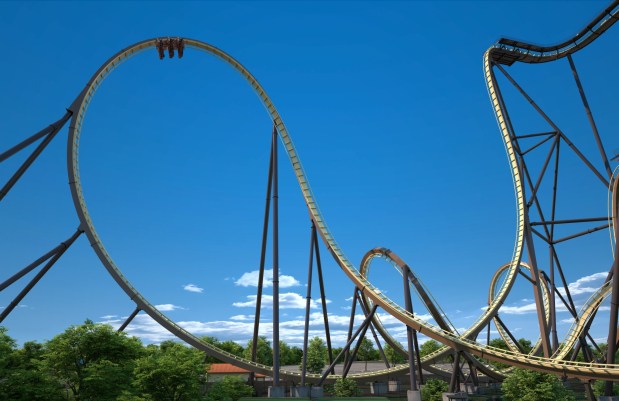 Concept art of the Tormenta Rampaging Run dive coaster at Six Flags Over Texas. (Courtesy of Six Flags)