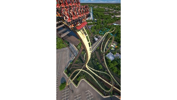 Concept art of the Tormenta Rampaging Run dive coaster at Six Flags Over Texas. (Courtesy of Six Flags)