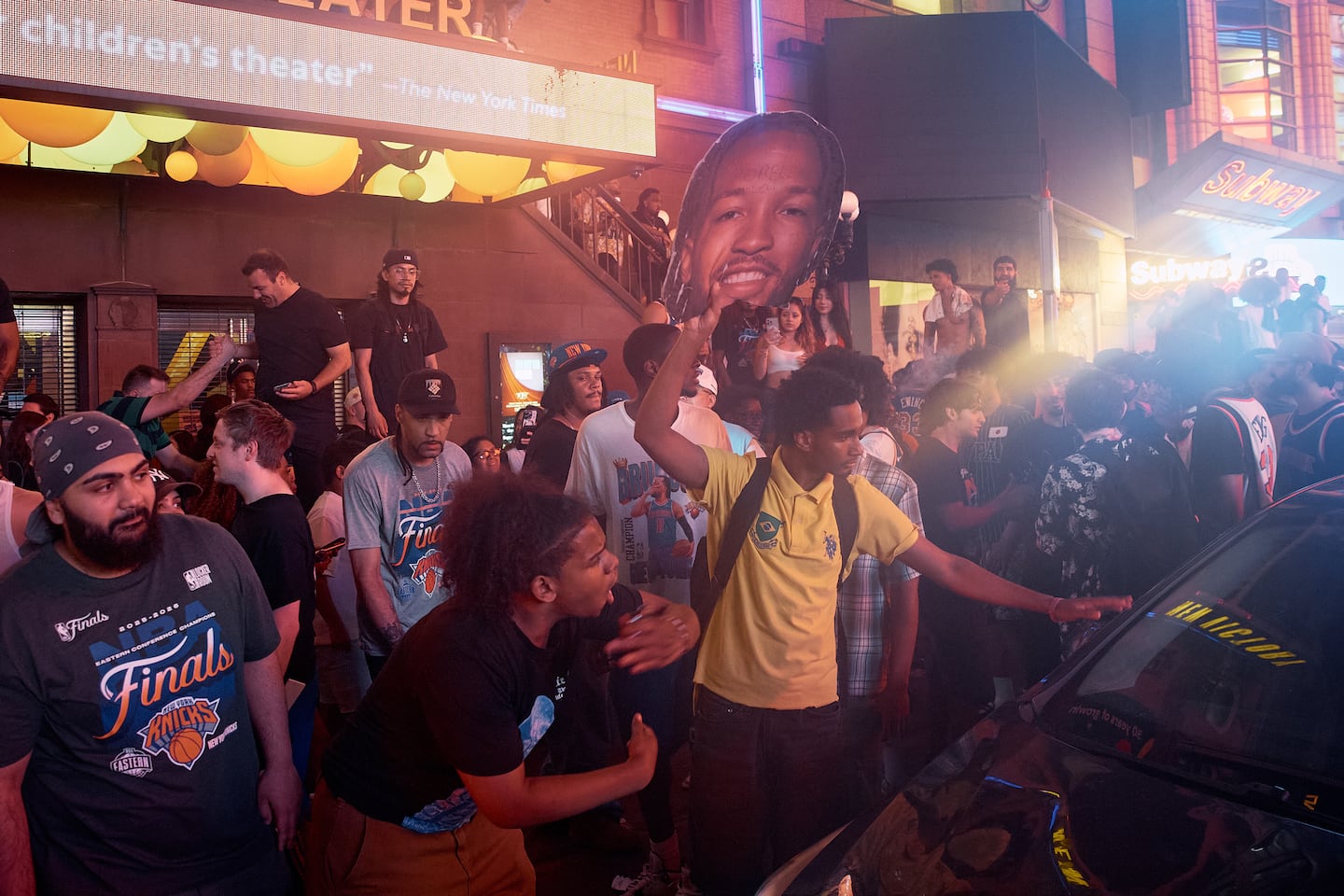 New York Knicks fans celebrate in the streets after the Knicks defeated the San Antonio Spurs to win the NBA Finals, on June 14, 2026, in New York.