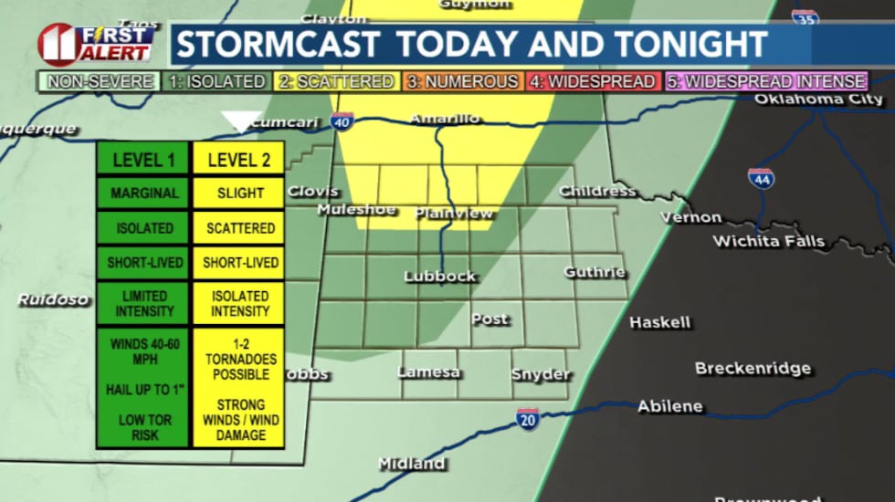 Best chance for severe weather remains to the north of Lubbock in the yellow shade.