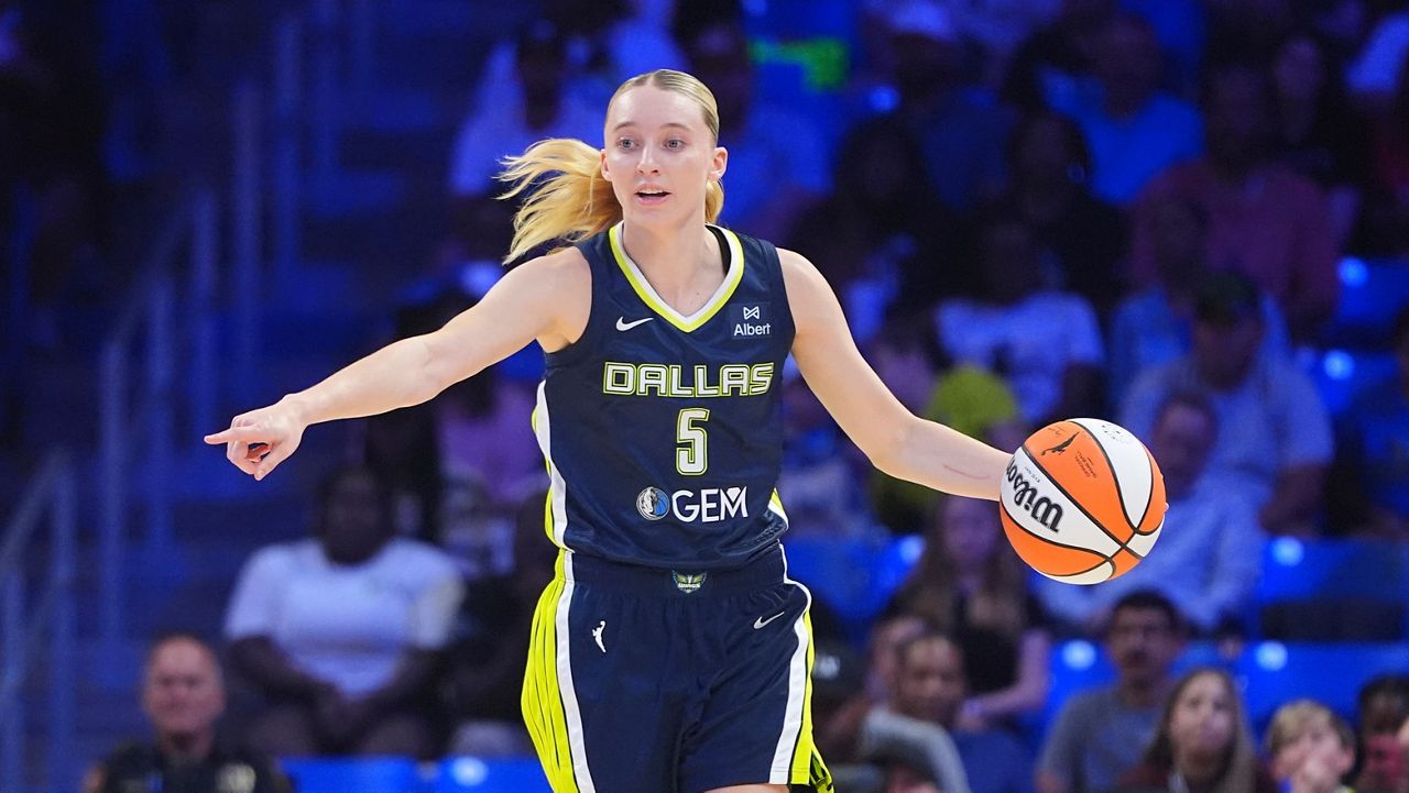 Dallas Wings guard Paige Bueckers dribbles the ball during the first half of a WNBA basketball game against the Atlanta Dream in Arlington, Texas, Wednesday, July 30, 2025. (AP Photo/LM Otero)