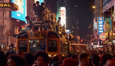 New York Knicks fans celebrate in the streets after the Knicks won against the San Antonio Spurs to win the NBA Finals, on June 14, 2026, in New York.