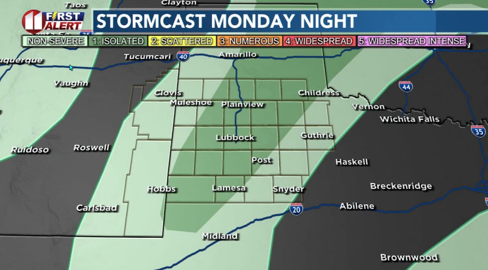 Isolated to widely scattered storms are likely until after sunset Monday.