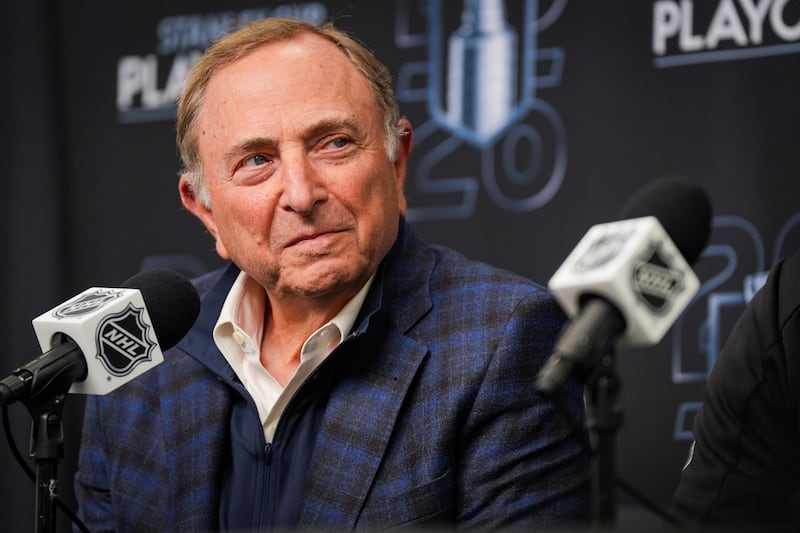 SALT LAKE CITY, UTAH - APRIL 24: NHL Commissioner Gary Bettman talks during a press conference prior to Game Three of the First Round of the 2026 Stanley Cup Playoffs between the Utah Mammoth and Vegas Golden Knights at Delta Center on April 24, 2026 in Salt Lake City, Utah.  (Photo by Hunter Dyke/NHLI via Getty Images)