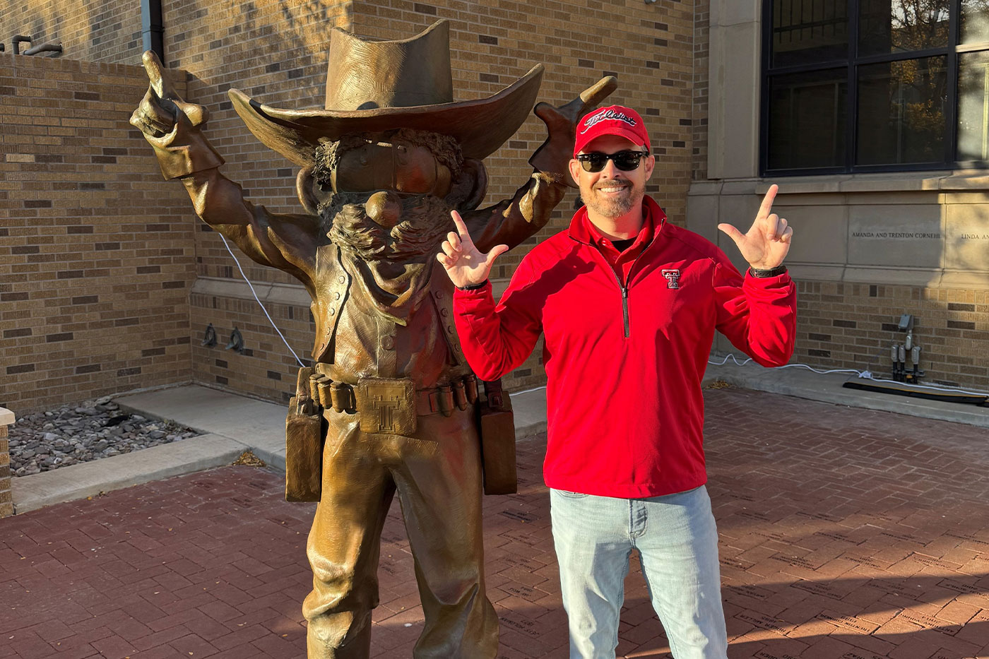 Ryan Horn near Raider Red statue.