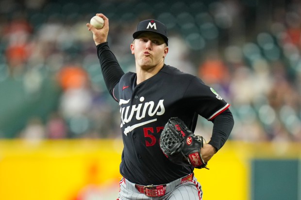 Minnesota Twins starting pitcher Zebby Matthews delivers during the first inning of a baseball game against the Houston Astros in Houston, Monday, June 29, 2026. (AP Photo/Jon Shapley)