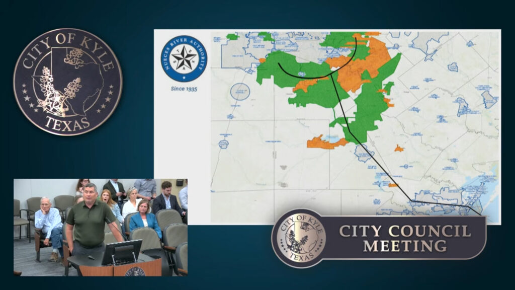Travis Pruski displays an illustration of a water pipeline running from Corpus Christi Bay to South Central Texas to the city council of Kyle on Oct. 21, 2025. Screenshot: City of Kyle