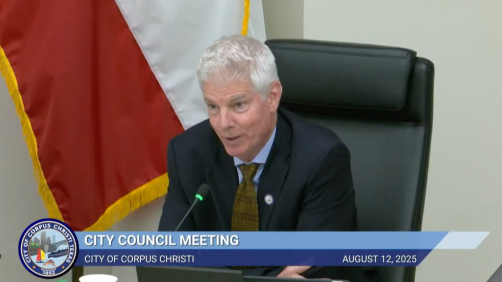 Corpus Christi City Councilmember Mark Scott questions John Byrum about the Harbor Island desalination project on Aug. 12, 2025. Screenshot:  City of Corpus Christi