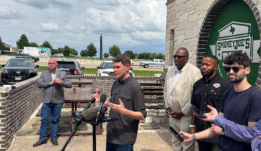 Talarico speaks on rising beef prices outside Smokey Joe's BBQ in southern Dallas.