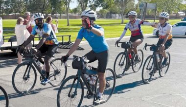 A team of nearly 20 cyclists makes its way through Mesquite en route to Alaska, May 17.