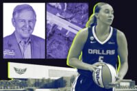 H-E-B's Howard Butt III and 1919 Parker Road in Carrollton with Dallas Wings' Paige Bueckers with a rendering of 1200 Stone Mesa Drive in Dallas