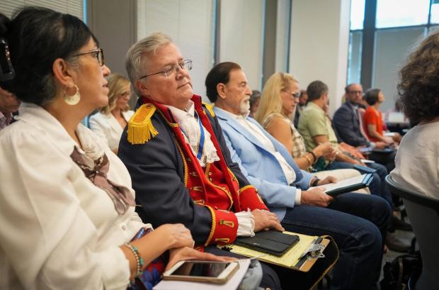 Robert Mearns of Granbury, dressed as an American Revolutionary War soldier, listens during a meeting on proposed social studies standards at the Barbara Jordan Building in Austin on Monday, June 22, 2026. (Jay Janner/Austin American-Statesman via AP)