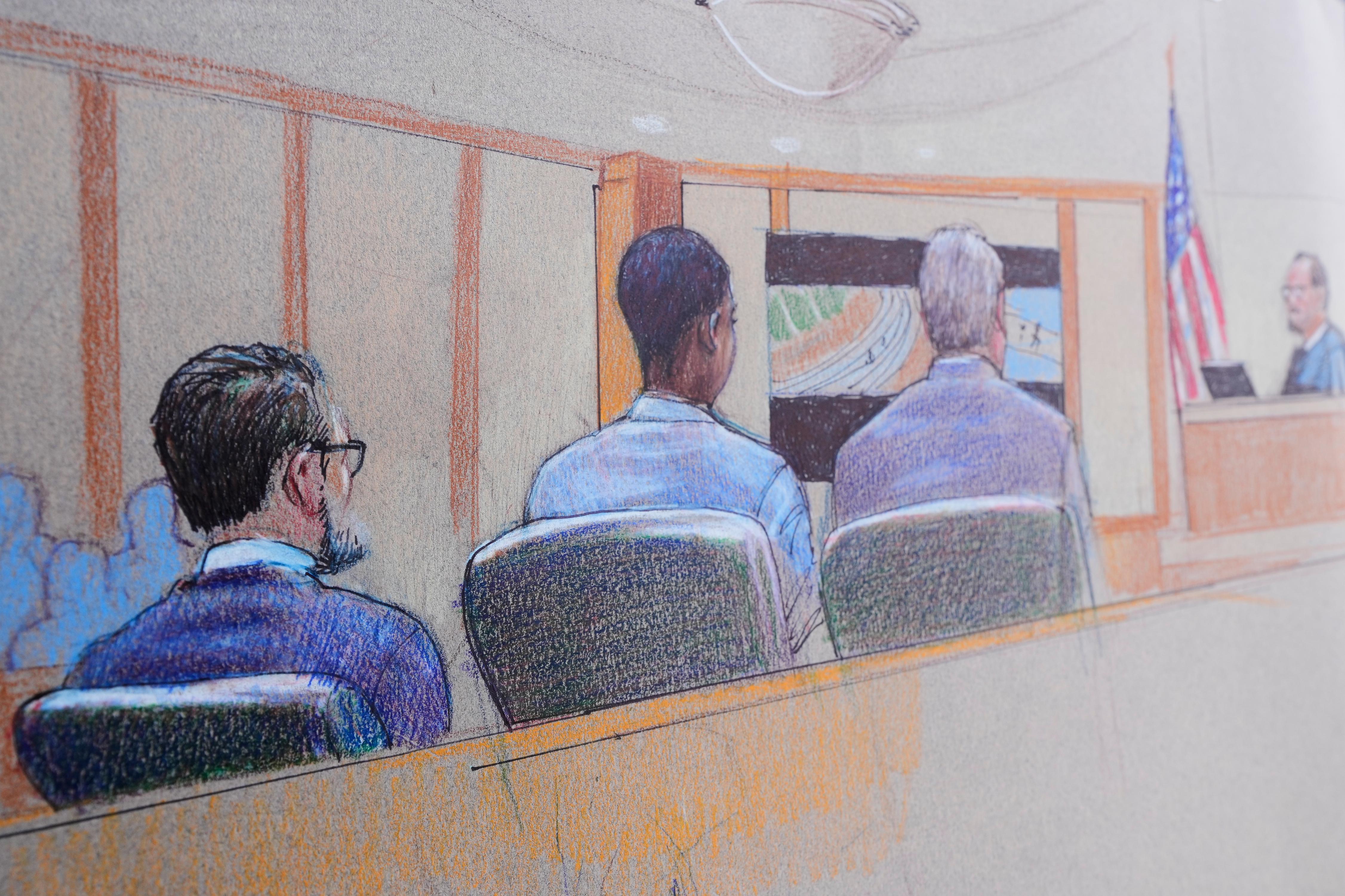 A courtroom sketch, provided by Pat Lopez shows Karmelo Anthony,...