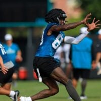 Jacksonville Jaguars wide receiver Denzel Mims (83) catches a pass during the third day of an NFL football training camp practice Friday, July 26, 2024 at EverBank Stadium’s Miller Electric Center in Jacksonville, Fla.