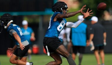 Jacksonville Jaguars wide receiver Denzel Mims (83) catches a pass during the third day of an NFL football training camp practice Friday, July 26, 2024 at EverBank Stadium’s Miller Electric Center in Jacksonville, Fla.