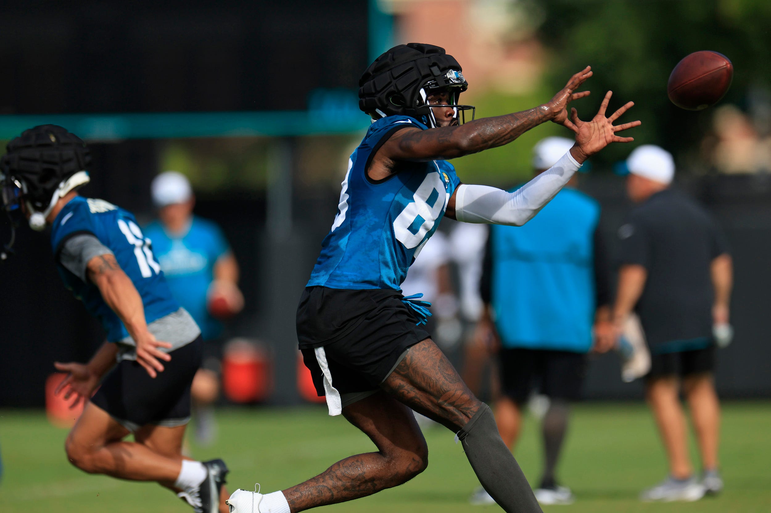Jacksonville Jaguars wide receiver Denzel Mims (83) catches a pass during the third day of an NFL football training camp practice Friday, July 26, 2024 at EverBank Stadium’s Miller Electric Center in Jacksonville, Fla.
